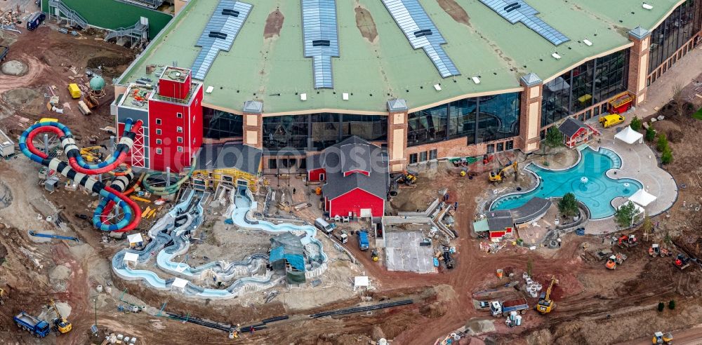 Aerial image Rust - Construction for the new building of the spa and swimming pool at the swimming pool of Recreation Europa-Park in Rust in the state Baden-Wurttemberg