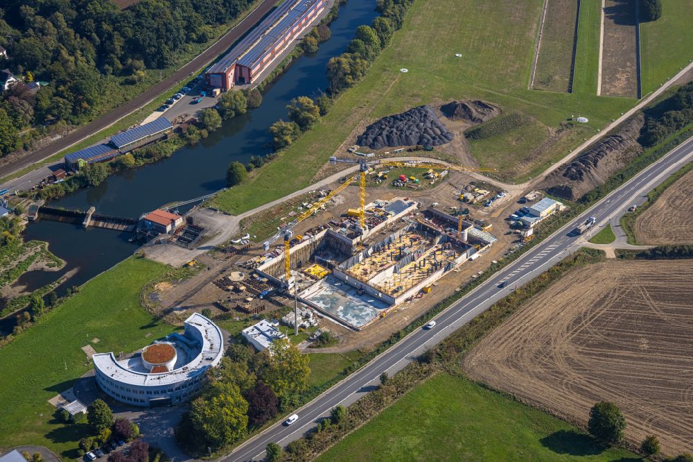 Menden (Sauerland) from the bird's eye view: Construction site for the new building of the waterworks Halingen for drinking water treatment in Menden (Sauerland) in the state North Rhine-Westphalia, Germany