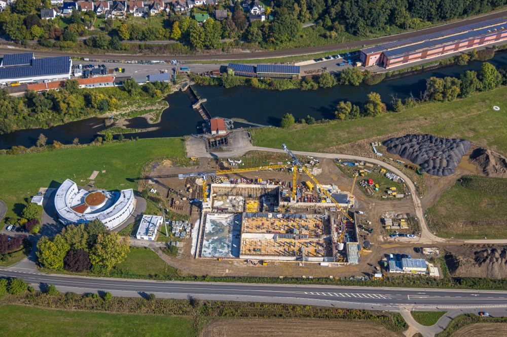 Aerial photograph Menden (Sauerland) - Construction site for the new building of the waterworks Halingen for drinking water treatment in Menden (Sauerland) in the state North Rhine-Westphalia, Germany