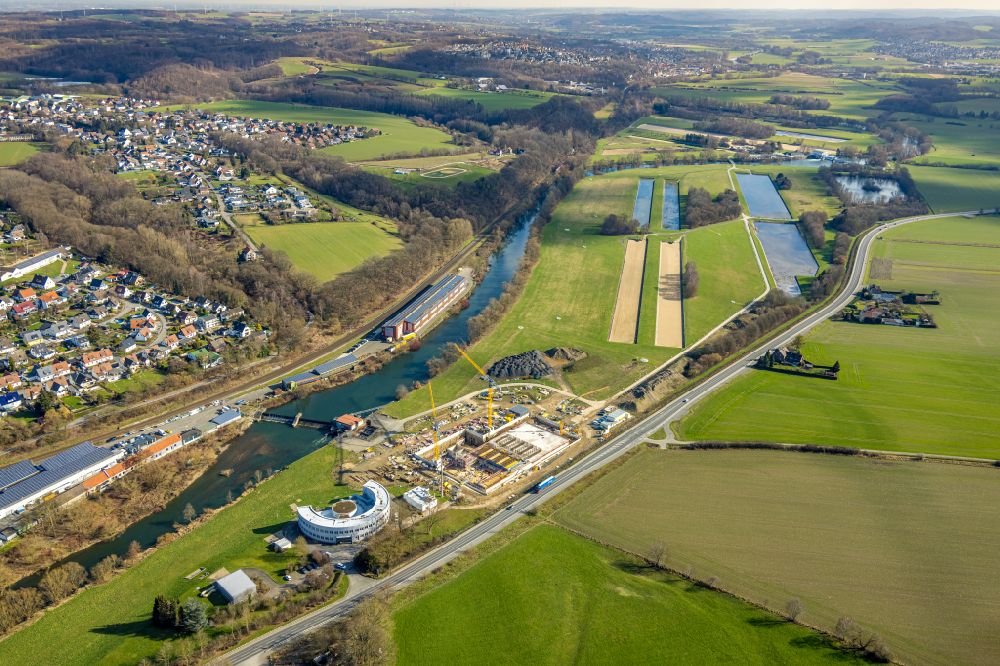 Aerial image Menden (Sauerland) - Construction site for the new building of the waterworks Halingen for drinking water treatment in Menden (Sauerland) in the state North Rhine-Westphalia, Germany
