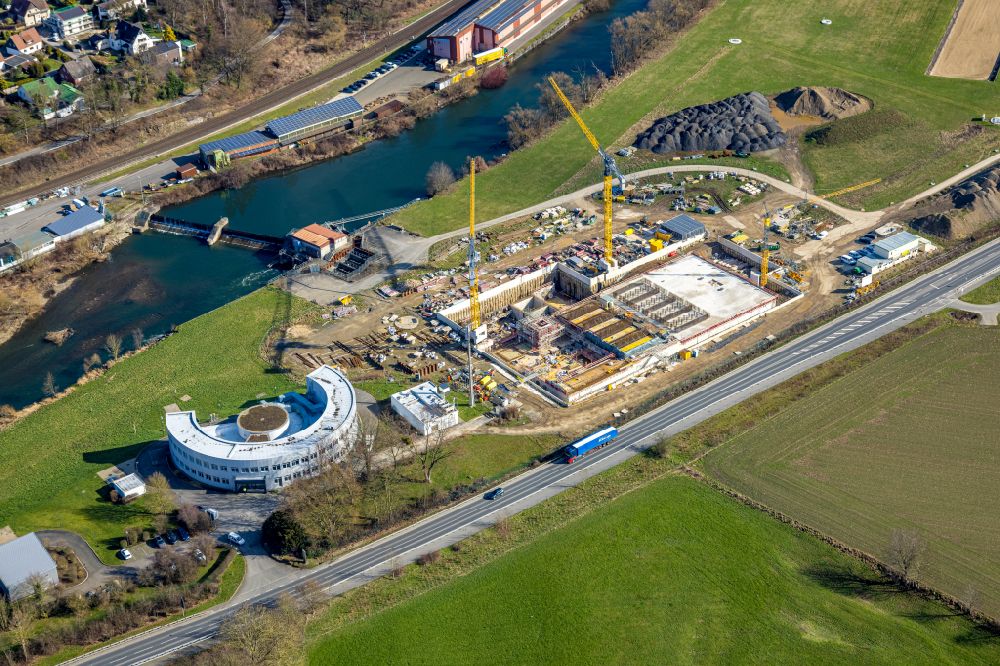 Aerial photograph Menden (Sauerland) - Construction site for the new building of the waterworks Halingen for drinking water treatment in Menden (Sauerland) in the state North Rhine-Westphalia, Germany