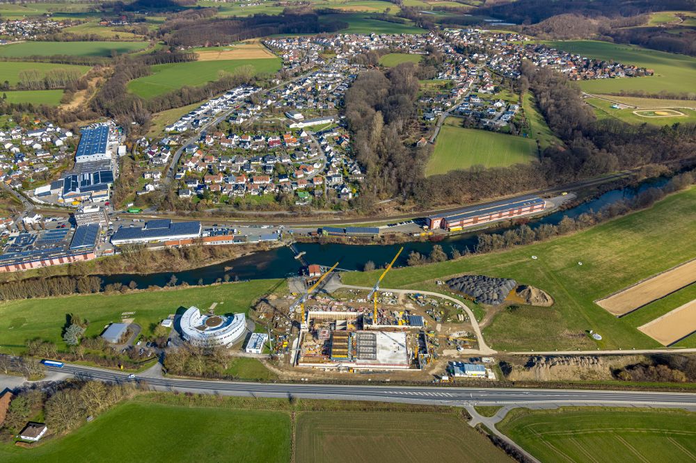 Menden (Sauerland) from above - Construction site for the new building of the waterworks Halingen for drinking water treatment in Menden (Sauerland) in the state North Rhine-Westphalia, Germany