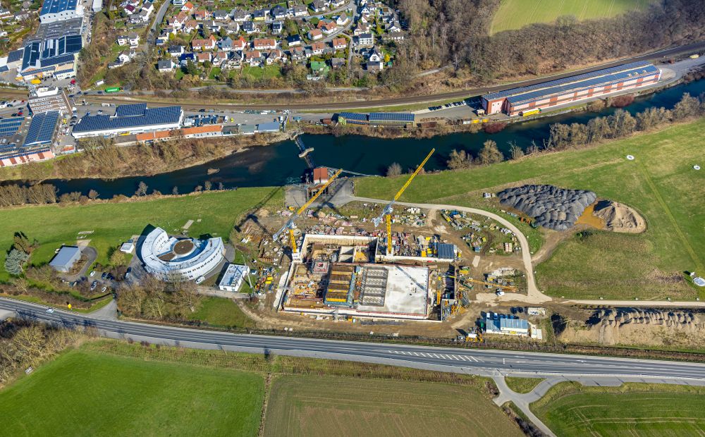 Menden (Sauerland) from the bird's eye view: Construction site for the new building of the waterworks Halingen for drinking water treatment in Menden (Sauerland) in the state North Rhine-Westphalia, Germany