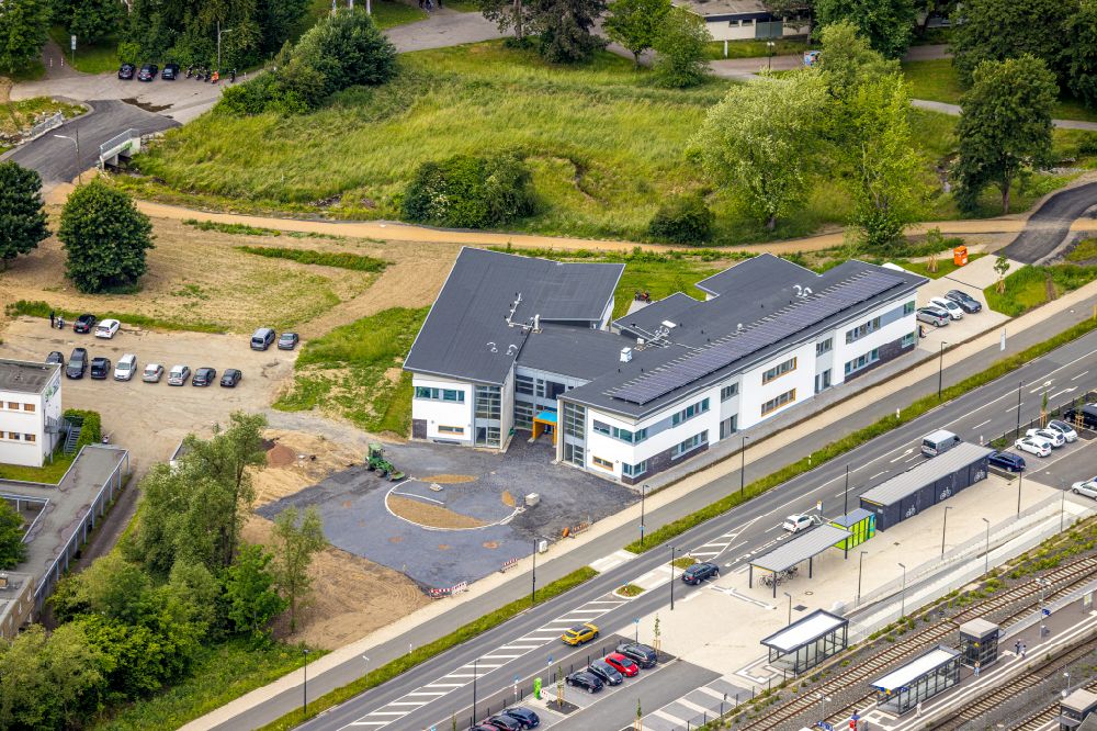 Aerial photograph Arnsberg - Construction site for the new building complex of the education and training center - vocational promotion center on Kleinbahnstrasse in Arnsberg in the state North Rhine-Westphalia, Germany
