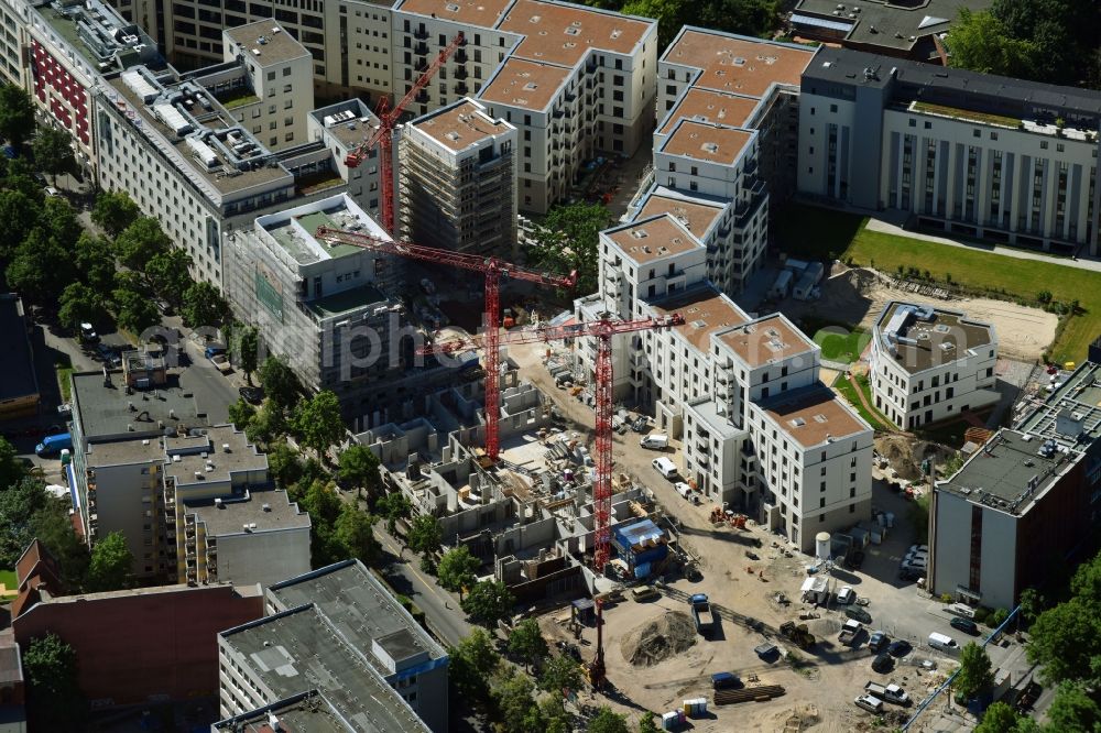 Berlin from above - Construction project for the new construction of residential and office buildings, for example on the northern plot of the Moeckern, corner Stresemannstrasse a 7-storey office building, the housing project Metronome and the residential project Yours from Reggeborgh PE Deutschland GmbH & Co.KG, a residential and commercial building on the adjacent area developed by Kondor Wessels Wohnen Berlin GmbH and a new building of the German Bundeswehr Association e. V. in Berlin, Germany