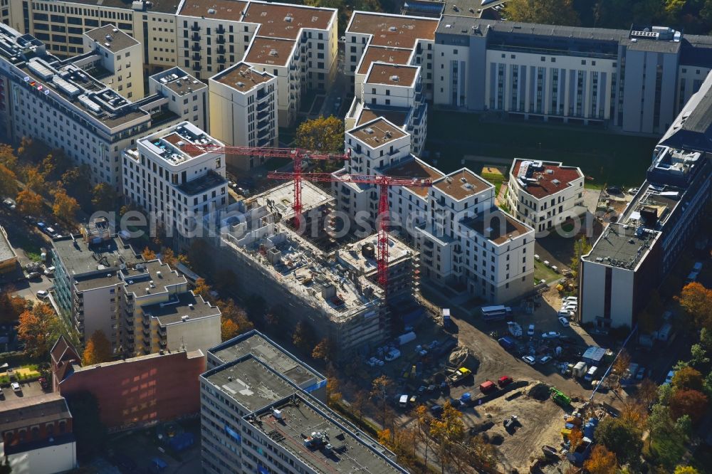 Berlin from above - Construction project for the new construction of residential and office buildings, for example on the northern plot of the Moeckern, corner Stresemannstrasse a 7-storey office building, the housing project Metronome and the residential project Yours from Reggeborgh PE Deutschland GmbH & Co.KG, a residential and commercial building on the adjacent area developed by Kondor Wessels Wohnen Berlin GmbH and a new building of the German Bundeswehr Association e. V. in Berlin, Germany