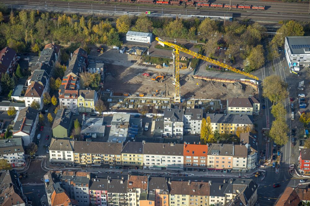 Aerial image Bochum - Construction site for a new residential and commercial building Moenninghoff-Quartiere on Bessemerstrasse in the district of Wiemelhausen in Bochum in the Ruhr area in the state of North Rhine-Westphalia, Germany