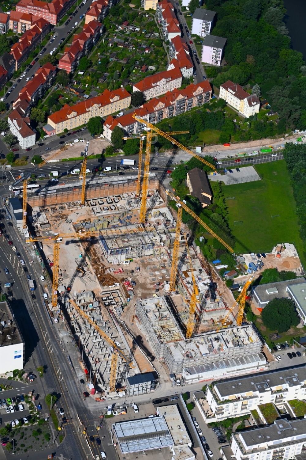 Nürnberg from above - Construction site to build a new multi-family residential and commercial building quarter Seetor City Campus on Ostendstrasse - corner of Dr.-Gustav-Heinemann-Strasse in Nuremberg in the state Bavaria, Germany