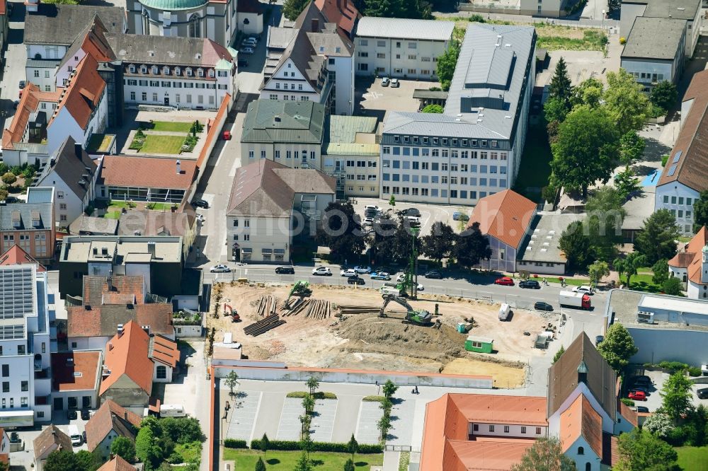 Aerial image Dillingen an der Donau - Construction site for the new residential and commercial building of VR-Bank Donau-Mindel on Kapuzinerstrasse in Dillingen an der Donau in the state Bavaria, Germany