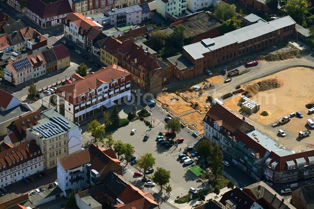 Burg from the bird's eye view: Construction site for the new residential and commercial building on Bruederstrasse in Burg in the state Saxony-Anhalt, Germany