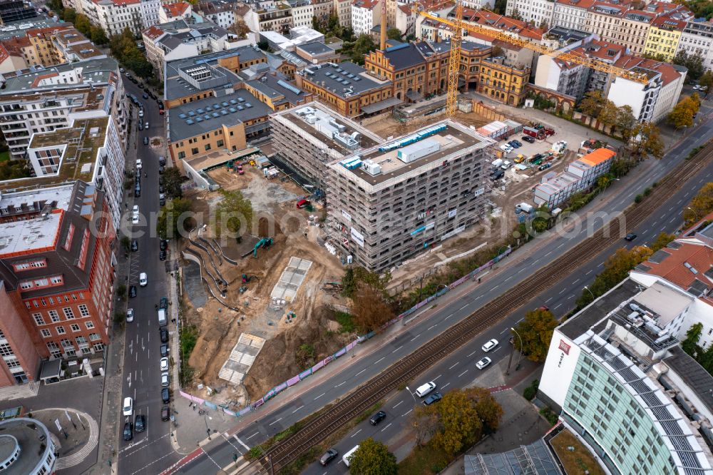 Aerial image Berlin - Construction site for the new residential and commercial building Boetzow Berlin on street Metzer Strasse - Prenzlauer Allee - Belforter Strasse in the district Prenzlauer Berg in Berlin, Germany