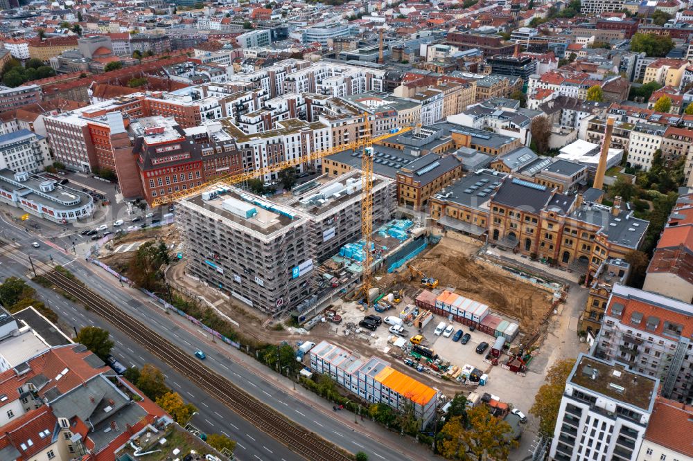 Berlin from above - Construction site for the new residential and commercial building Boetzow Berlin on street Metzer Strasse - Prenzlauer Allee - Belforter Strasse in the district Prenzlauer Berg in Berlin, Germany