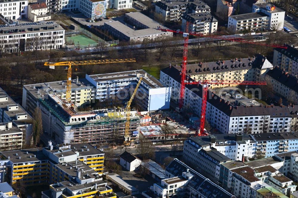 Aerial photograph München - Construction site for the new residential and commercial building eins8eins on Hansastrasse in the district Sendling-Westpark in Munich in the state Bavaria, Germany