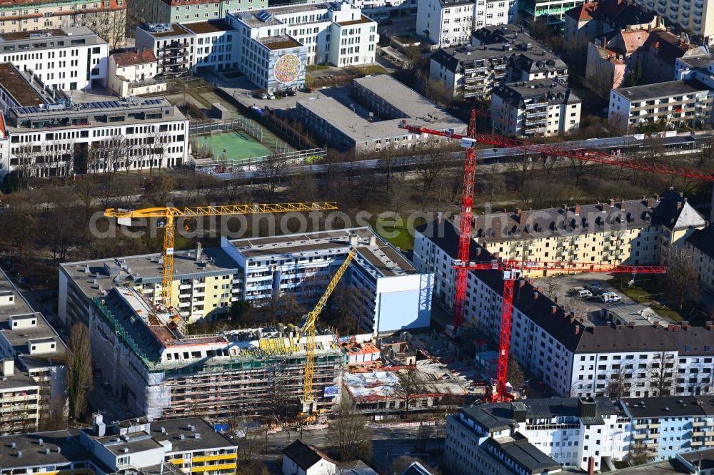 München from the bird's eye view: Construction site for the new residential and commercial building eins8eins on Hansastrasse in the district Sendling-Westpark in Munich in the state Bavaria, Germany