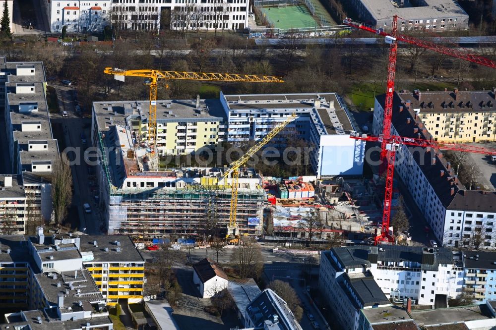 Aerial image München - Construction site for the new residential and commercial building eins8eins on Hansastrasse in the district Sendling-Westpark in Munich in the state Bavaria, Germany
