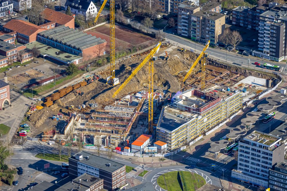 Herten from above - Construction site for the new residential and commercial building Hertener Hoefe on street Kaiserstrasse in Herten at Ruhrgebiet in the state North Rhine-Westphalia, Germany