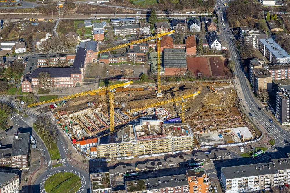 Aerial photograph Herten - Construction site for the new residential and commercial building Hertener Hoefe on street Kaiserstrasse in Herten at Ruhrgebiet in the state North Rhine-Westphalia, Germany