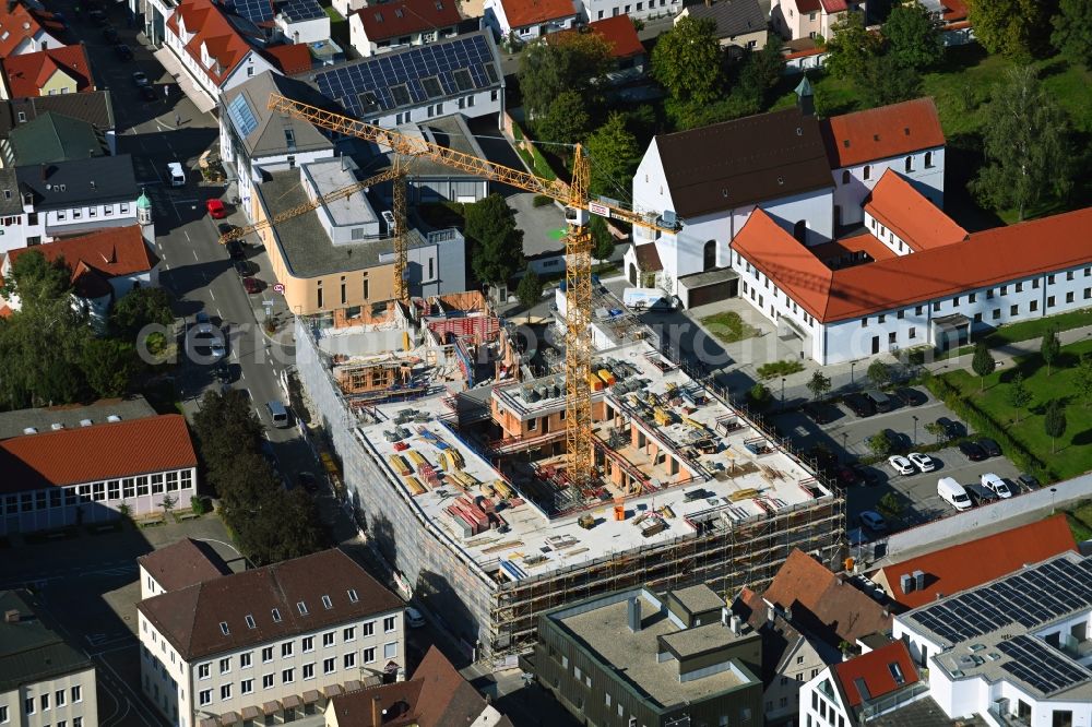 Dillingen an der Donau from above - Construction site for the new residential and commercial building on Kapuzinerstrasse corner Waisenhaisgaesschen in Dillingen an der Donau in the state Bavaria, Germany