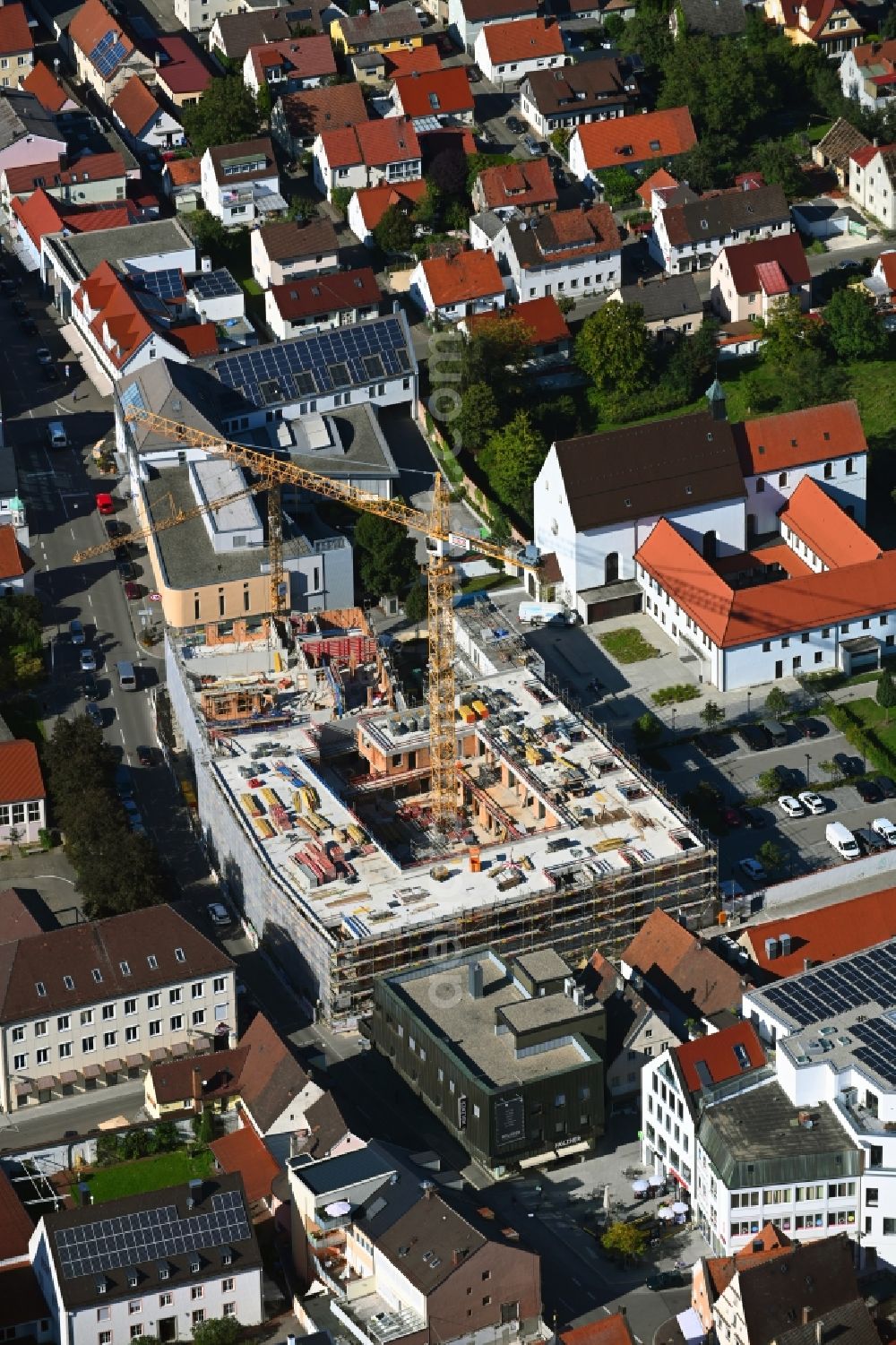 Aerial image Dillingen an der Donau - Construction site for the new residential and commercial building on Kapuzinerstrasse corner Waisenhaisgaesschen in Dillingen an der Donau in the state Bavaria, Germany