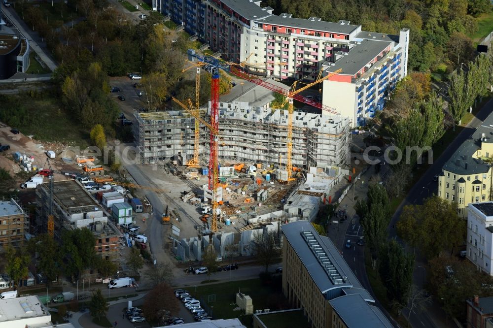Magdeburg from the bird's eye view: Construction site for the new residential and commercial building LUISENCARRE on Virchowstrasse - Erzbergerstrasse in the district Zentrum in Magdeburg in the state Saxony-Anhalt, Germany