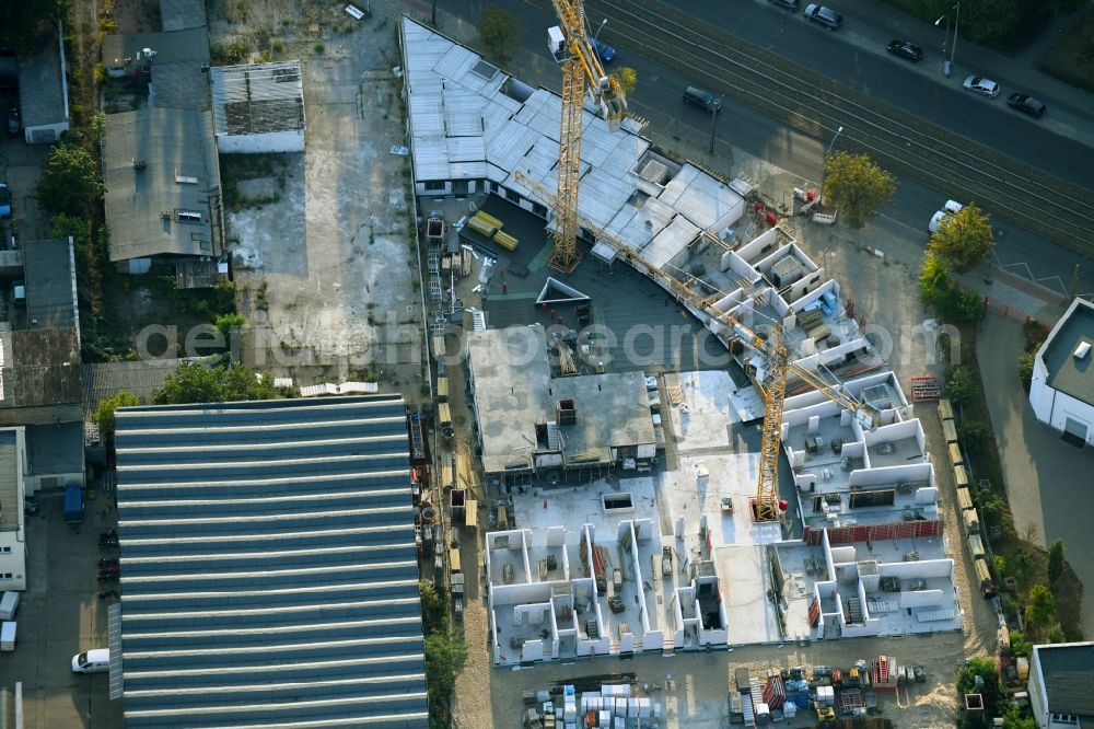 Berlin from above - Construction site for the new residential and commercial building on the Mahlsdorfer Strasse - Hirtenstrasse in the district Koepenick in Berlin, Germany