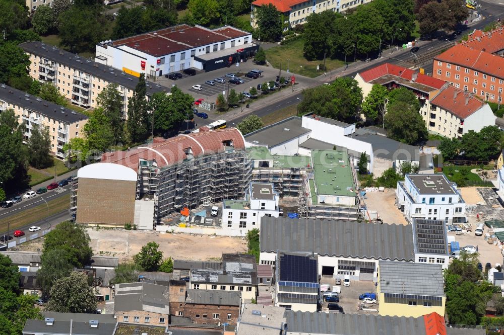Aerial image Berlin - Construction site for the new residential and commercial building on the Mahlsdorfer Strasse - Hirtenstrasse in the district Koepenick in Berlin, Germany