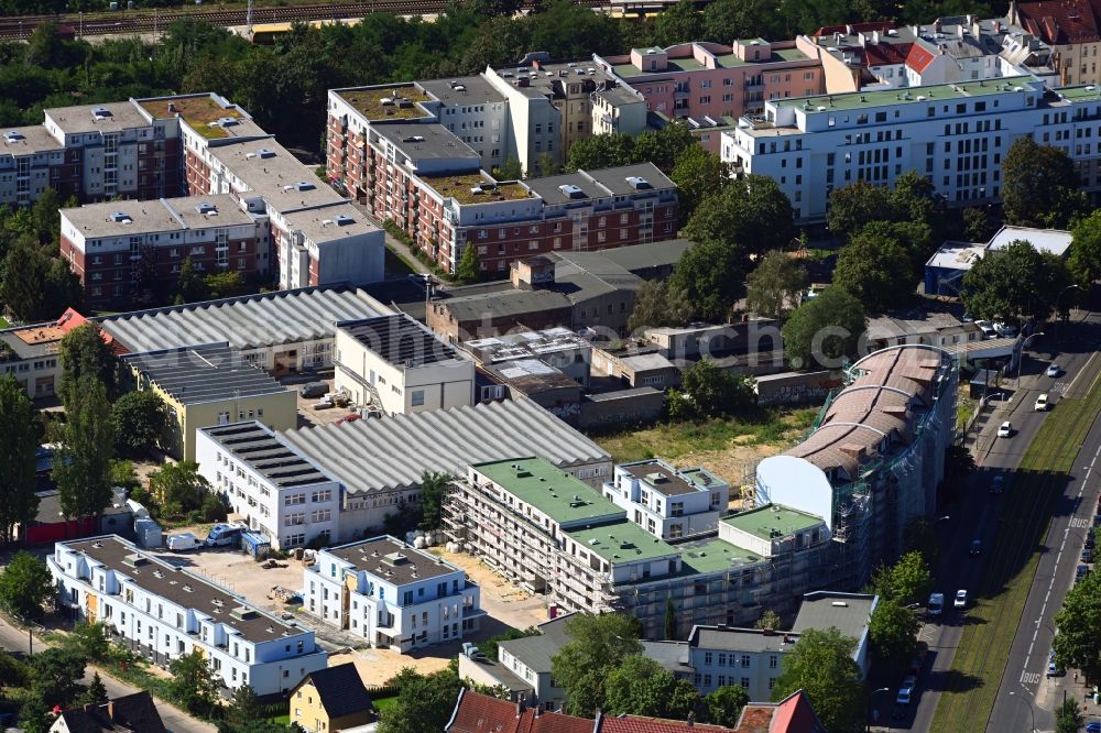 Aerial image Berlin - Construction site for the new residential and commercial building on the Mahlsdorfer Strasse - Hirtenstrasse in the district Koepenick in Berlin, Germany