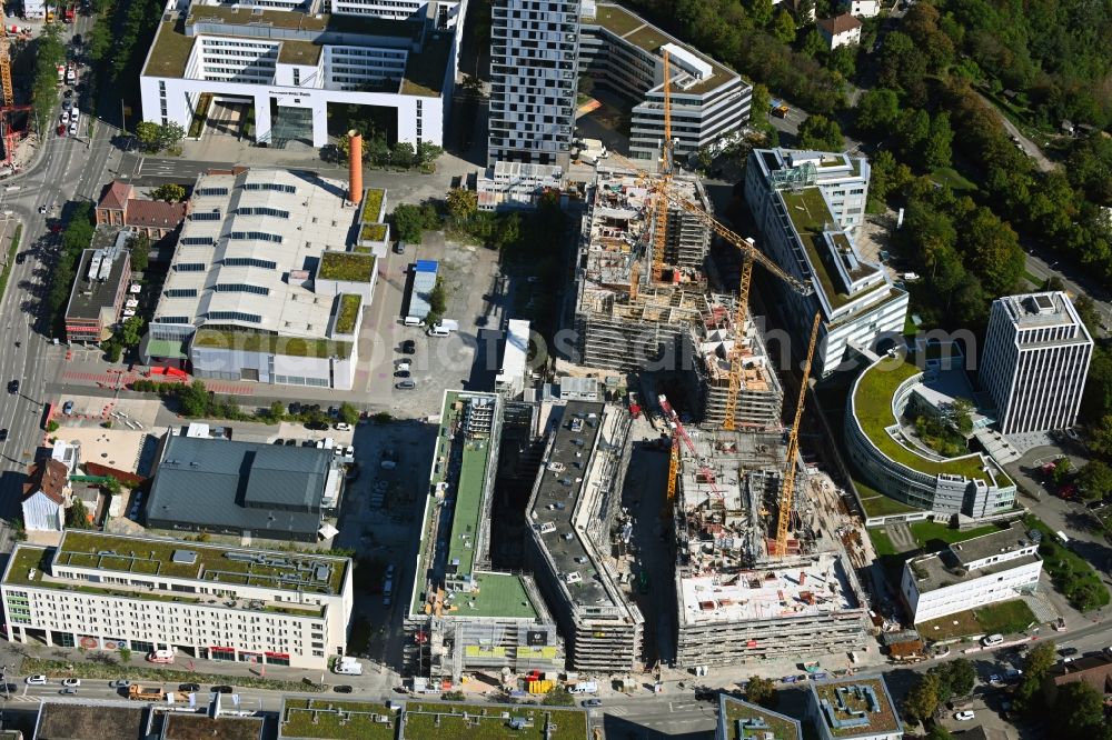 Stuttgart from above - Construction site for the new residential and commercial building MAYLIVING + MAYOFFICE on Maybachstrasse in the district Bahnhof Feuerbach in Stuttgart in the state Baden-Wurttemberg, Germany