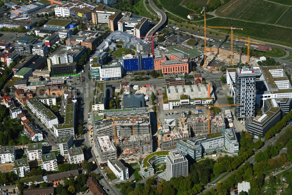Aerial photograph Stuttgart - Construction site for the new residential and commercial building MAYLIVING + MAYOFFICE on Maybachstrasse in the district Bahnhof Feuerbach in Stuttgart in the state Baden-Wurttemberg, Germany