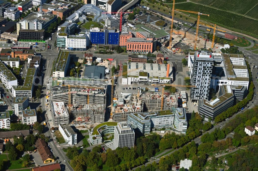 Stuttgart from above - Construction site for the new residential and commercial building MAYLIVING + MAYOFFICE on Maybachstrasse in the district Bahnhof Feuerbach in Stuttgart in the state Baden-Wurttemberg, Germany