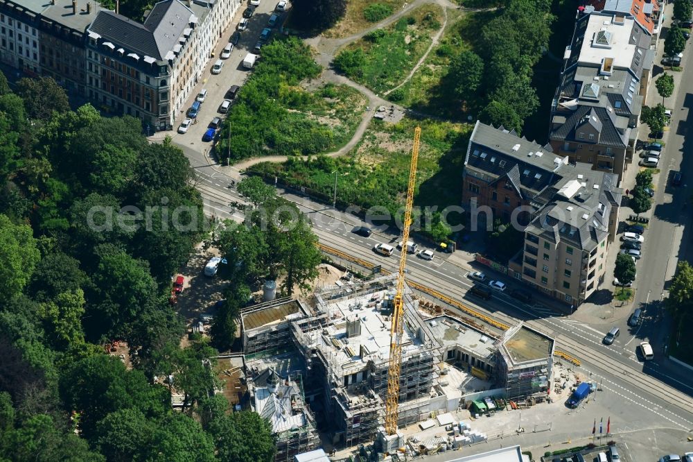 Aerial photograph Leipzig - Construction site for the new residential and commercial building on Muehlholzgasse in the district Connewitz in Leipzig in the state Saxony, Germany