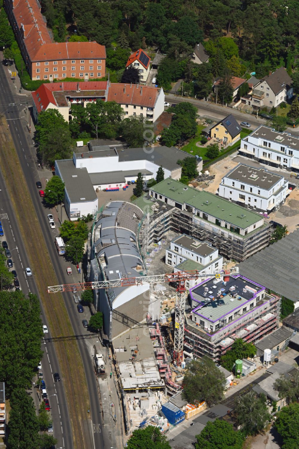 Aerial photograph Berlin - Construction site for the new residential and commercial building on the Mahlsdorfer Strasse - Hirtenstrasse in the district Koepenick in Berlin, Germany