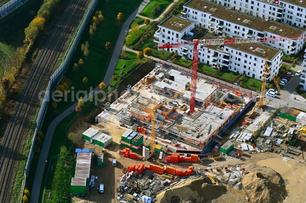 Aerial photograph Regensburg - Construction site for the construction of a multi-family residential and commercial building on Edith-Stein-Strasse - Zuckerfabrikstrasse - Straubinger Strasse in the district of Ostenviertel in Regensburg in the state Bavaria, Germany