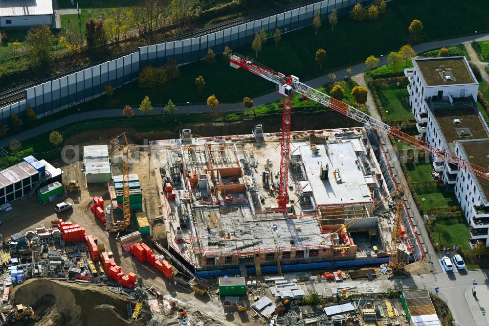 Aerial image Regensburg - Construction site for the construction of a multi-family residential and commercial building on Edith-Stein-Strasse - Zuckerfabrikstrasse - Straubinger Strasse in the district of Ostenviertel in Regensburg in the state Bavaria, Germany
