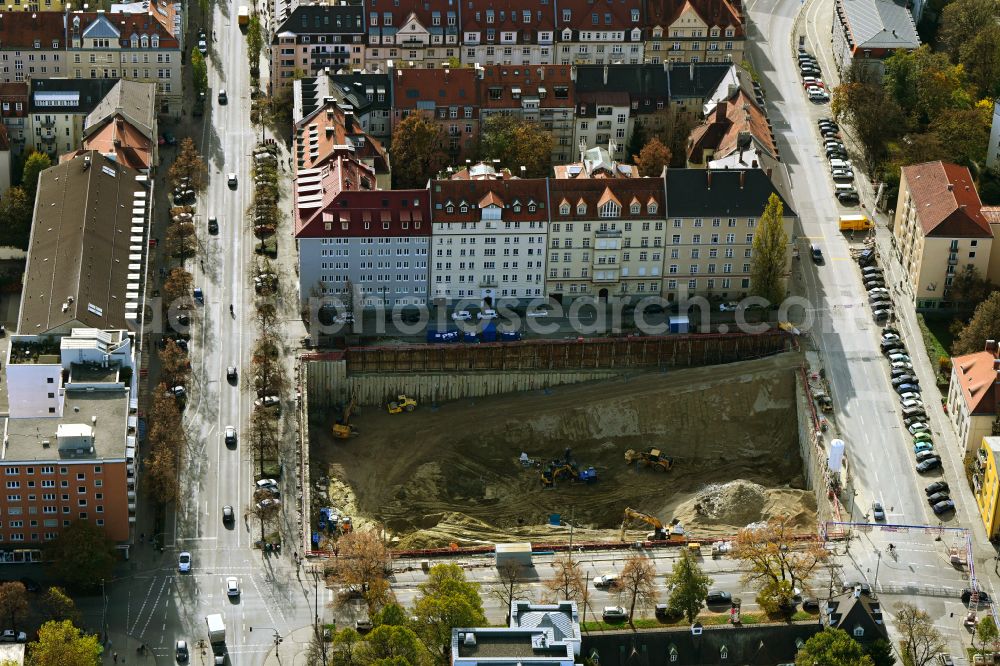 Aerial image München - Construction site for the new residential and commercial building Schleissheimer Strasse - Elisabethstrasse - Winzerstrasse in the district Schwabing-West in Munich in the state Bavaria, Germany