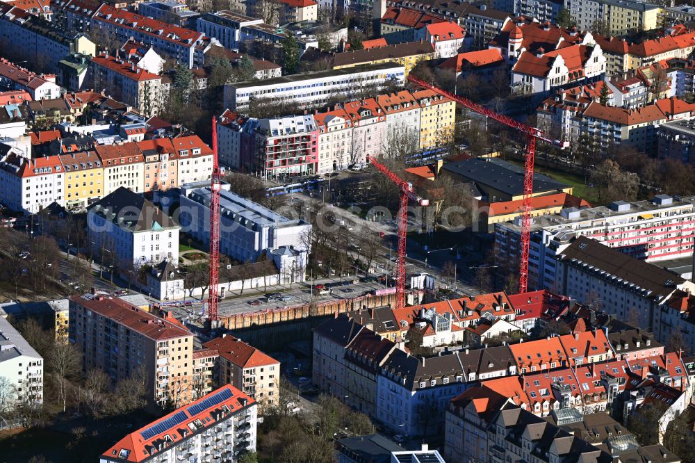 Aerial photograph München - Construction site for the new residential and commercial building Schleissheimer Strasse - Elisabethstrasse - Winzerstrasse in the district Schwabing-West in Munich in the state Bavaria, Germany