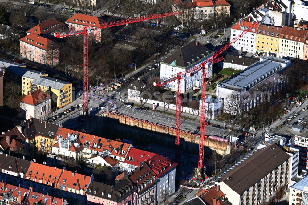 München from above - Construction site for the new residential and commercial building Schleissheimer Strasse - Elisabethstrasse - Winzerstrasse in the district Schwabing-West in Munich in the state Bavaria, Germany