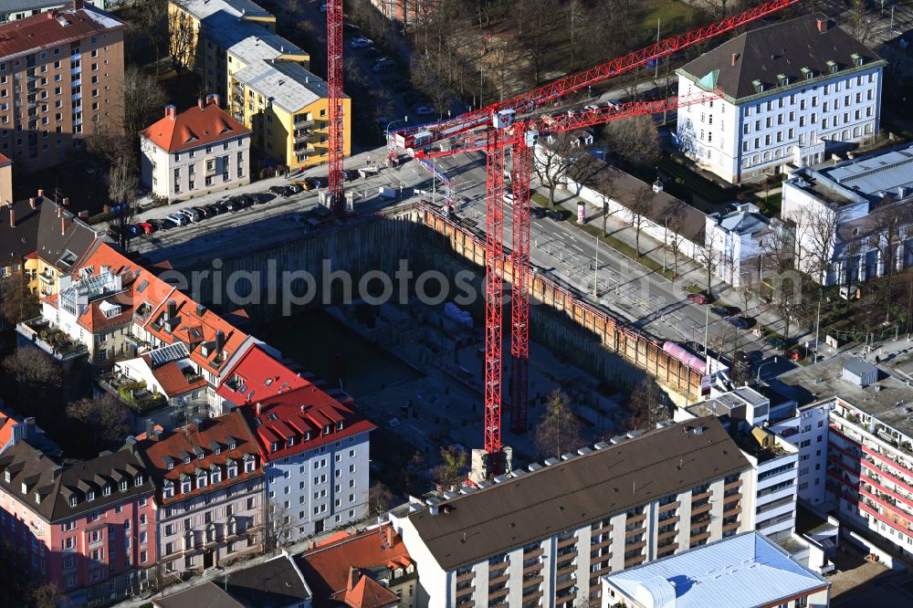 Aerial image München - Construction site for the new residential and commercial building Schleissheimer Strasse - Elisabethstrasse - Winzerstrasse in the district Schwabing-West in Munich in the state Bavaria, Germany