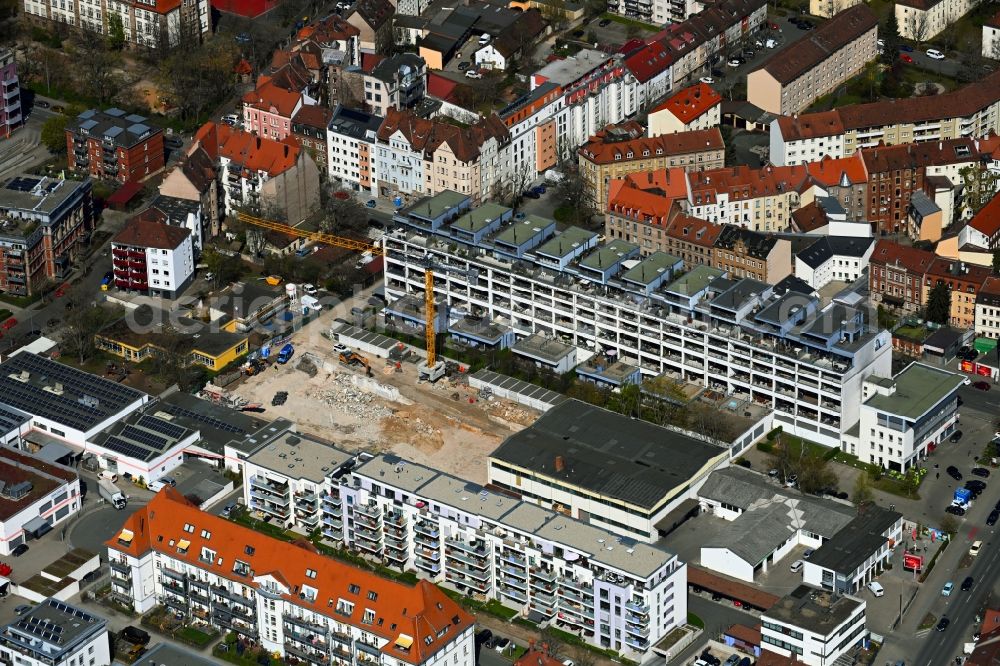 Aerial photograph Fürth - Construction site for the new residential and commercial building on Floessaustrasse in the district Suedstadt in Fuerth in the state Bavaria, Germany