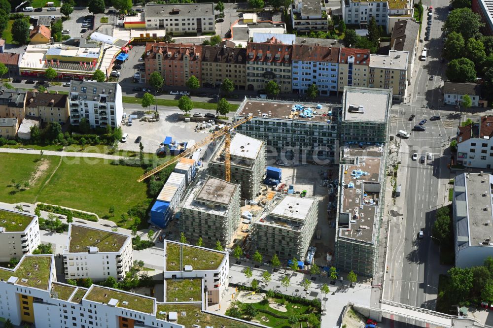 Aerial image München - Construction site for the new residential and commercial building des Paseo Carre on Landsberger Strasse - Offenbachstrasse in the district Pasing-Obermenzing in Munich in the state Bavaria, Germany