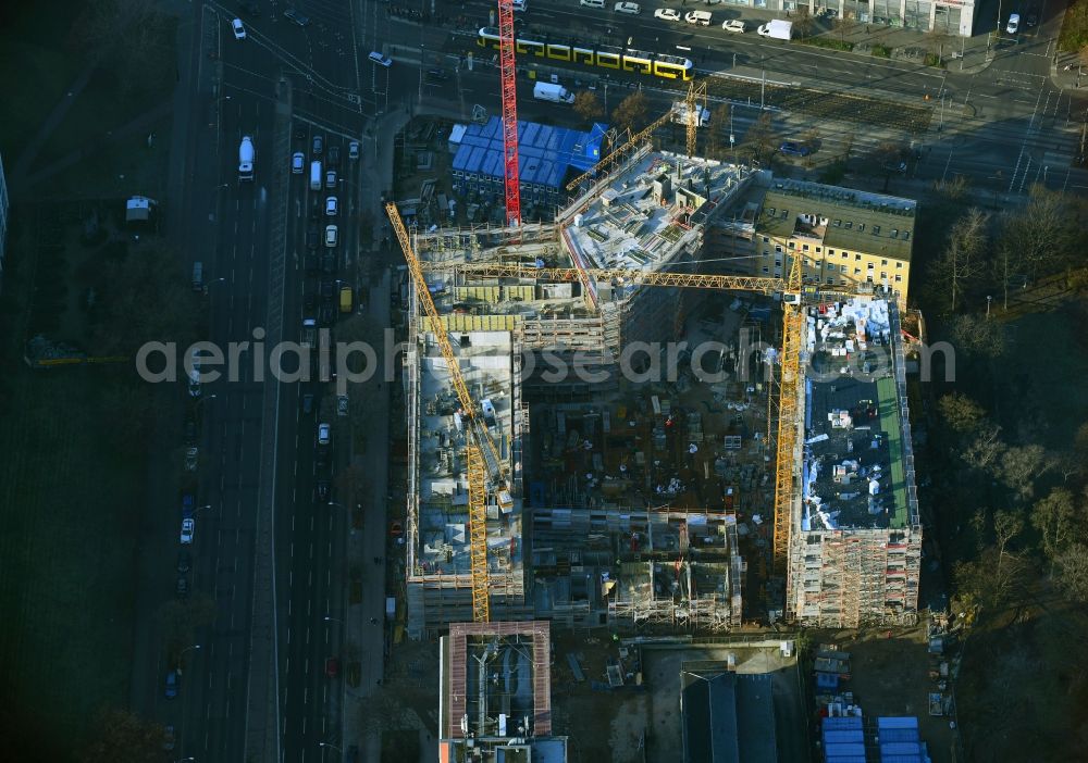 Aerial photograph Berlin - Construction site for the new residential and commercial building on the Rathausstrasse in the district Lichtenberg in Berlin, Germany