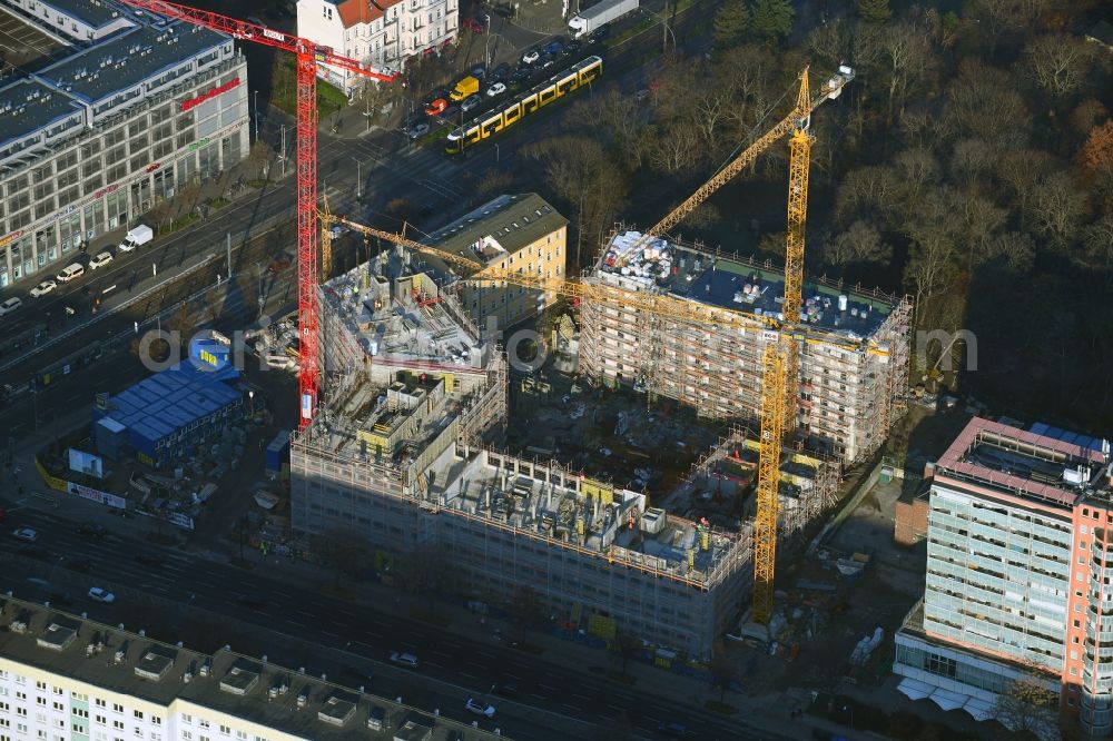 Berlin from the bird's eye view: Construction site for the new residential and commercial building on the Rathausstrasse in the district Lichtenberg in Berlin, Germany