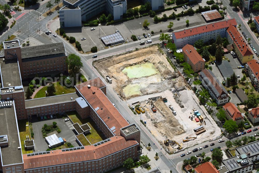Aerial photograph Erlangen - Construction site for the new residential and commercial building on Sieboldstrasse in Erlangen in the state Bavaria, Germany
