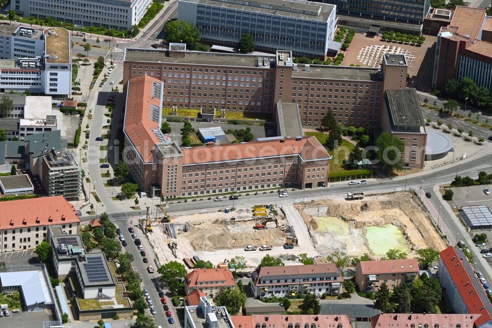Erlangen from the bird's eye view: Construction site for the new residential and commercial building on Sieboldstrasse in Erlangen in the state Bavaria, Germany