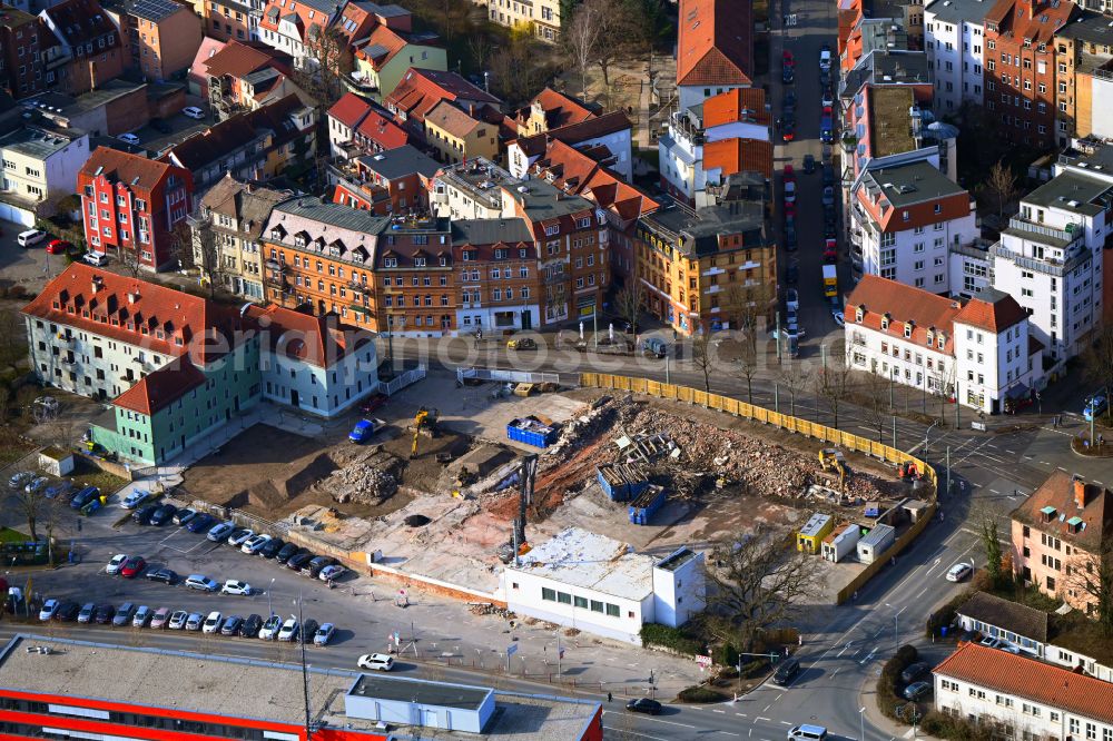 Aerial image Jena - Construction site for the new residential and commercial building Solar- Quartier on street Am Anger - Saalbahnhofstrasse - Kaethe-Kollwitz-Strasse in the district Kolba in Jena in the state Thuringia, Germany