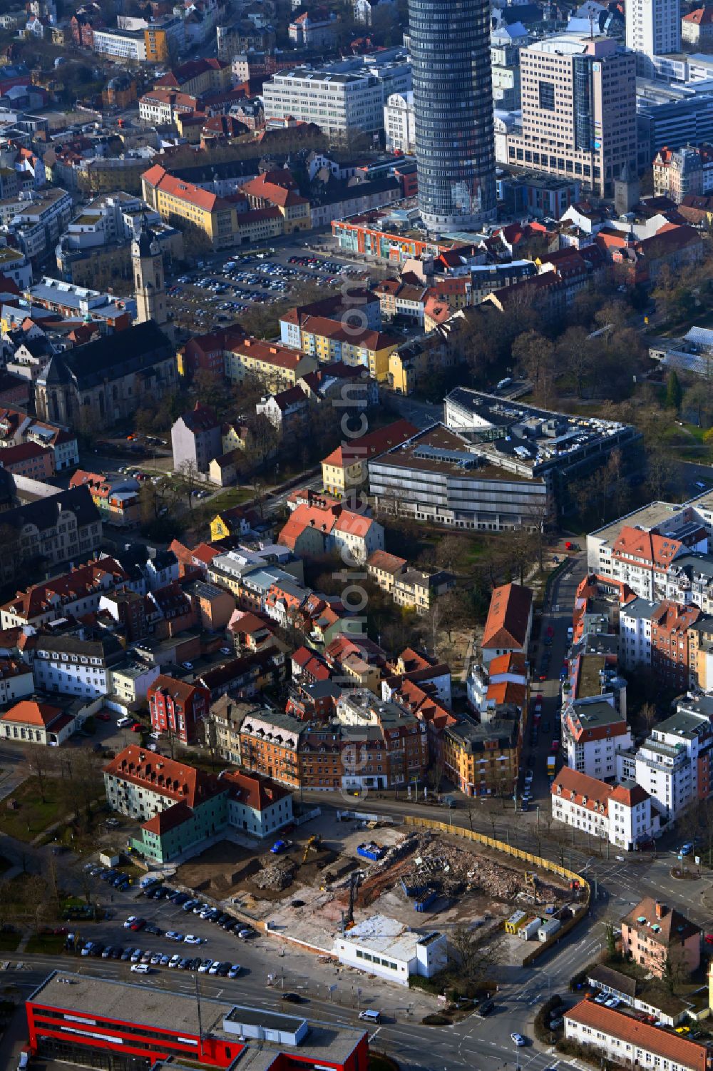 Jena from above - Construction site for the new residential and commercial building Solar- Quartier on street Am Anger - Saalbahnhofstrasse - Kaethe-Kollwitz-Strasse in the district Kolba in Jena in the state Thuringia, Germany