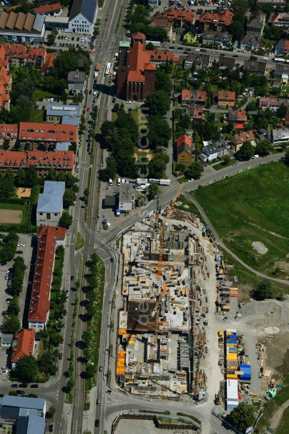 Augsburg from above - Construction site for the new residential and commercial building of Wohnbaugruppe Augsburg on Landvogtstrasse in the district Kriegshaber in Augsburg in the state Bavaria, Germany