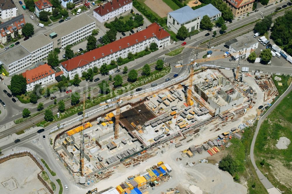 Aerial image Augsburg - Construction site for the new residential and commercial building of Wohnbaugruppe Augsburg on Landvogtstrasse in the district Kriegshaber in Augsburg in the state Bavaria, Germany