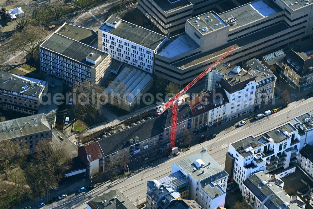 Aerial image Hamburg - Construction site for the new residential and commercial building Wohnen am Grindel to expand the building complex on Grindelallee in the district Rotherbaum in Hamburg, Germany