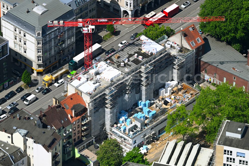 Hamburg from above - Construction site for the new residential and commercial building Wohnen am Grindel to expand the building complex on Grindelallee in the district Rotherbaum in Hamburg, Germany